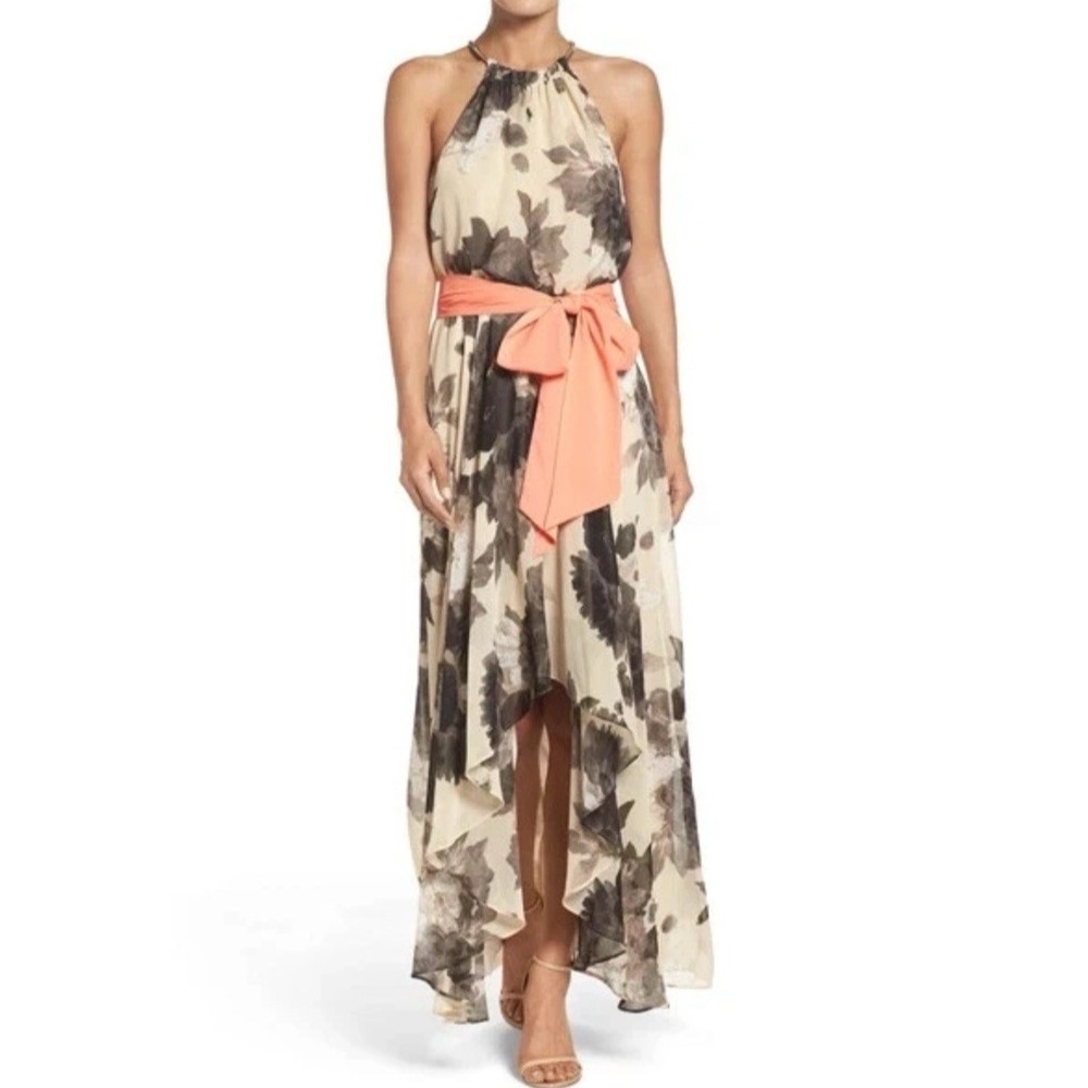 Eliza J Gown Halter High-Low Floral Chiffon Maxi Dress 24W Tan Black NO SASH